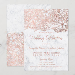Rose gold white marble floral typography wedding invitation