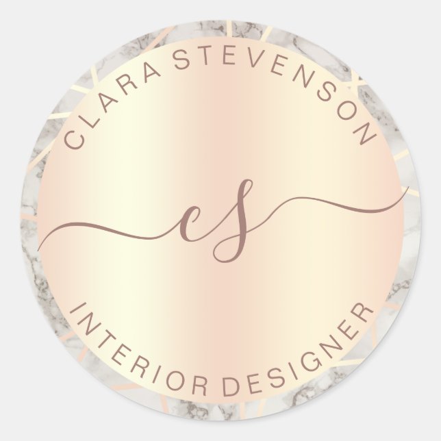Rose gold white marble geometric interior designer classic round sticker (Front)