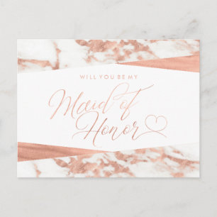 Rose Gold White Marble Maid of Honour Proposal Invitation Postcard