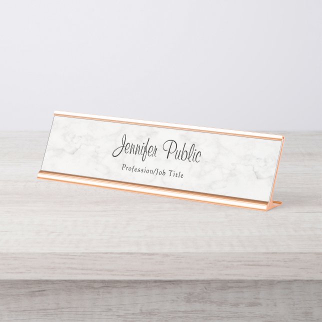 Rose Gold White Marble Modern Chic Template Desk Name Plate (Front)