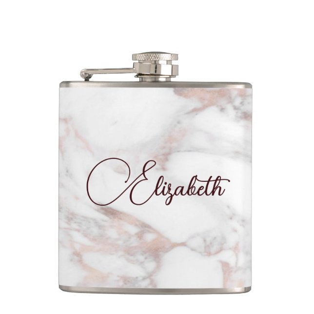 Rose Gold White Marble Script Name Template Best Hip Flask (Front)