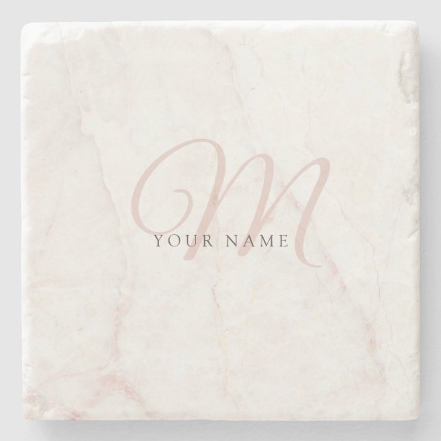 Rose Gold White Marble Stone Initial Coaster (Front)