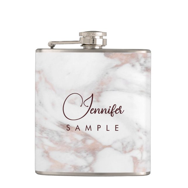 Rose Gold White Marble Template Best Monogram Hip Flask (Front)