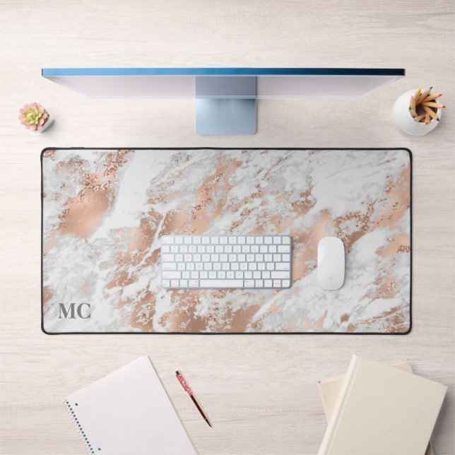Rose Gold & White Marble With Monogram, Vs 2 Desk Mat (Office 1)