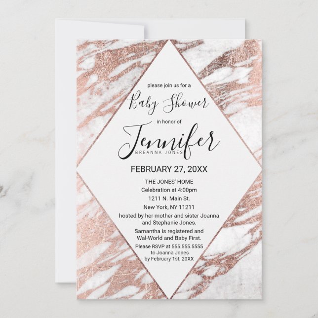 Rose Gold White Modern Marble Baby Shower Invitation (Front)