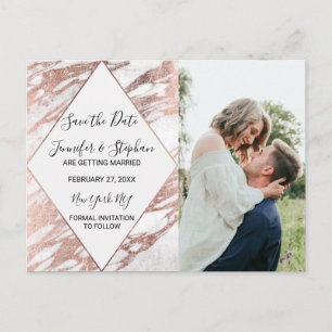 Rose Gold White Modern Marble Save the Date Announcement Postcard