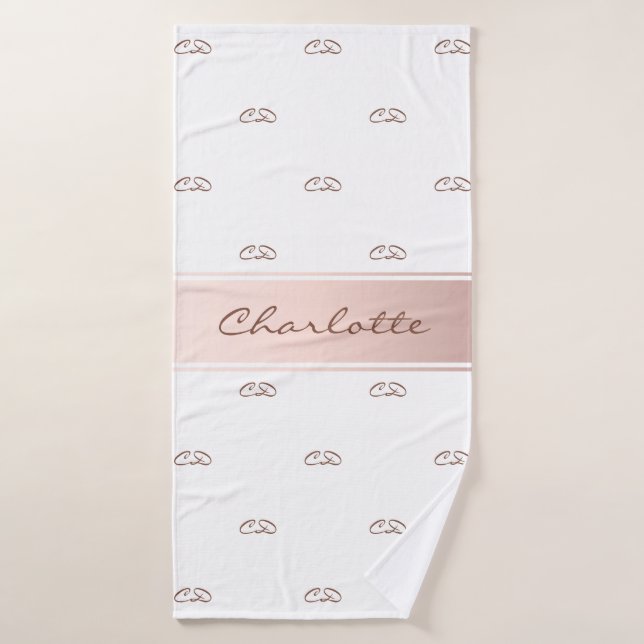 Rose gold white monogram modern elegant name bath towel (Bath Towel)