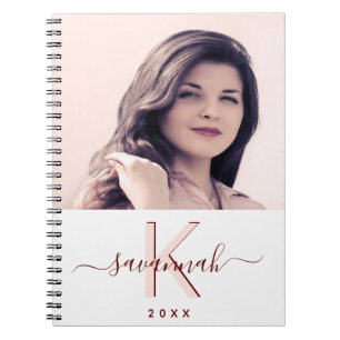 Rose gold white monogram script photo notebook