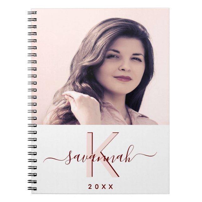 Rose gold white monogram script photo notebook (Front)