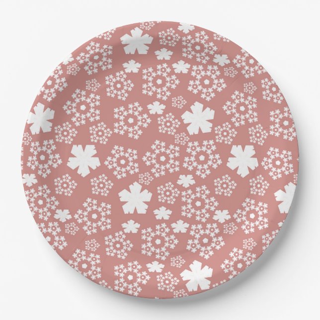 Rose Gold & White Star & Snowflake Pattern Paper Plate (Front)