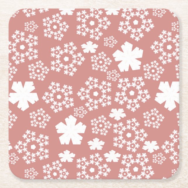 Rose Gold & White Star & Snowflake Pattern Square Paper Coaster (Front)