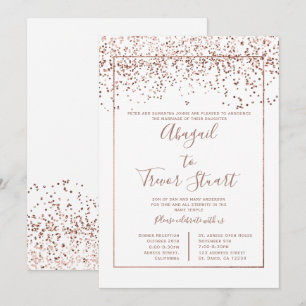 Rose gold white typography confetti wedding invitation