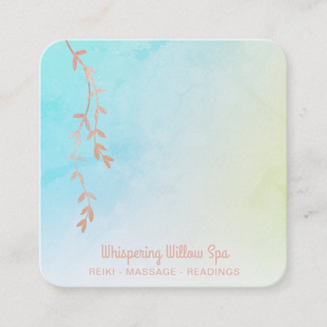 *~* Rose Gold + Willow Tree Branch Pastel Ombre Square Business Card (Front)