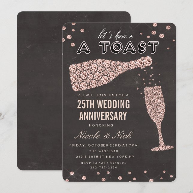 Rose Gold Wine Glass Anniversary Invitation (Front/Back)