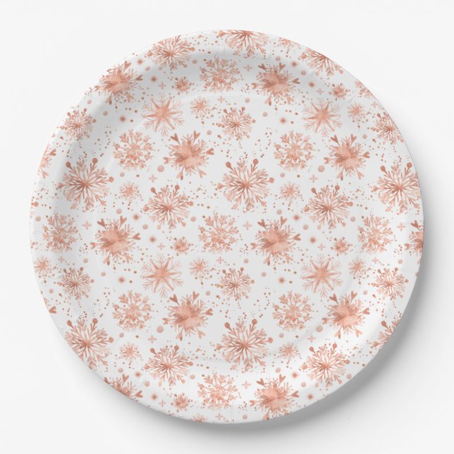Rose Gold Winter Snowflakes on White Paper Plate (Front)