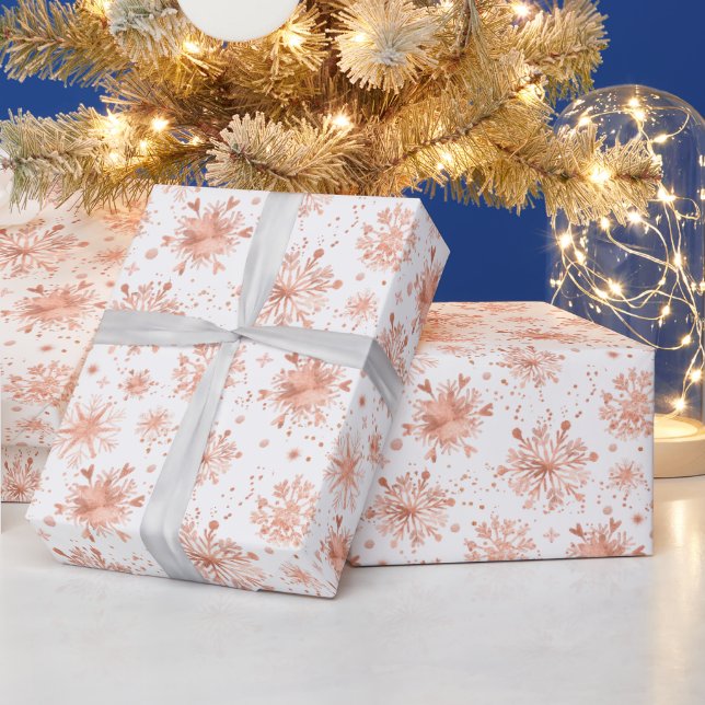 Rose Gold Winter Snowflakes on White Pattern Wrapping Paper (Holidays)