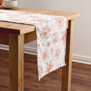 Rose Gold Winter Snowflakes on White Short Table Runner