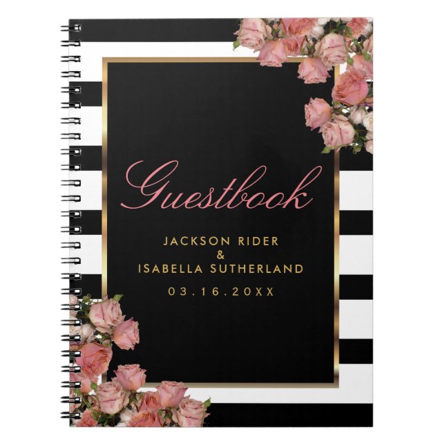 Rose Gold with Black and White Stripes - Guestbook Notebook (Front)