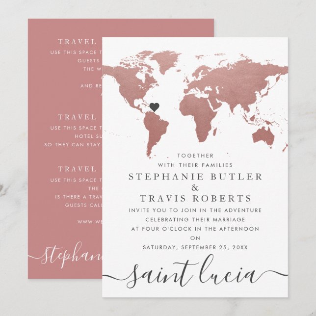 Rose Gold World Map Travel Theme Wedding Invitation (Front/Back)