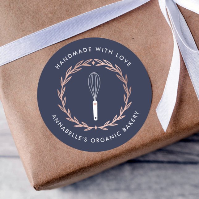 Rose Gold Wreath Whisk Bakery  Classic Round Sticker (Creator Uploaded)