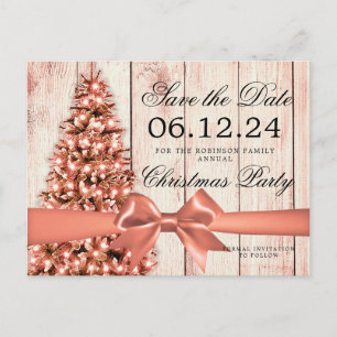 Rose Gold Xmas Holiday Save Date   Tree & Ribbon Announcement Postcard