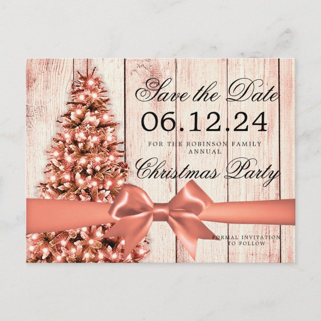 Rose Gold Xmas Holiday Save Date | Tree & Ribbon Announcement Postcard (Front)