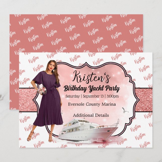 Rose Gold Yacht Party Anniversaire Invitation (Devant / Derrière)