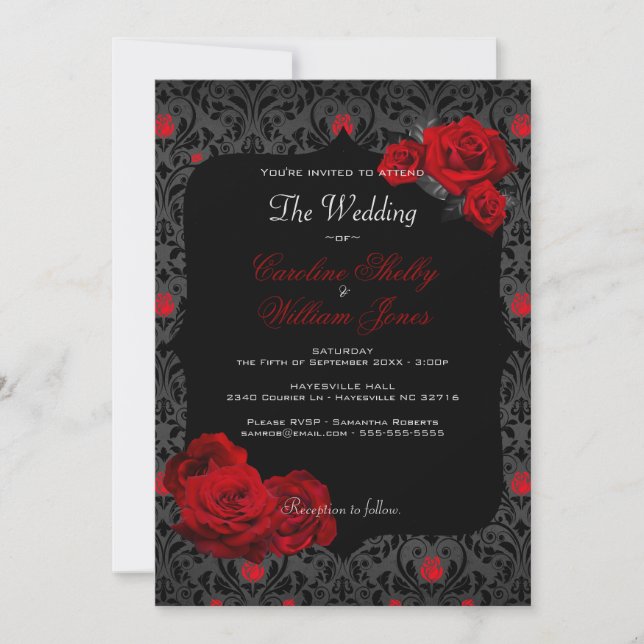 Rose gothique Faire-part de mariage noir et rouge (Devant)
