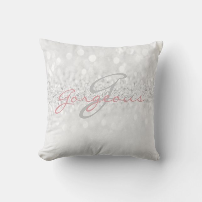 Rose Grey Girly Glitter Silver Monogram Name Throw Pillow (Front)