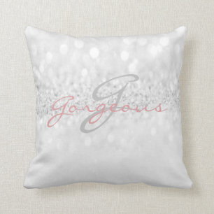 Rose Grey Girly Glitter Silver Monogram Name Throw Pillow