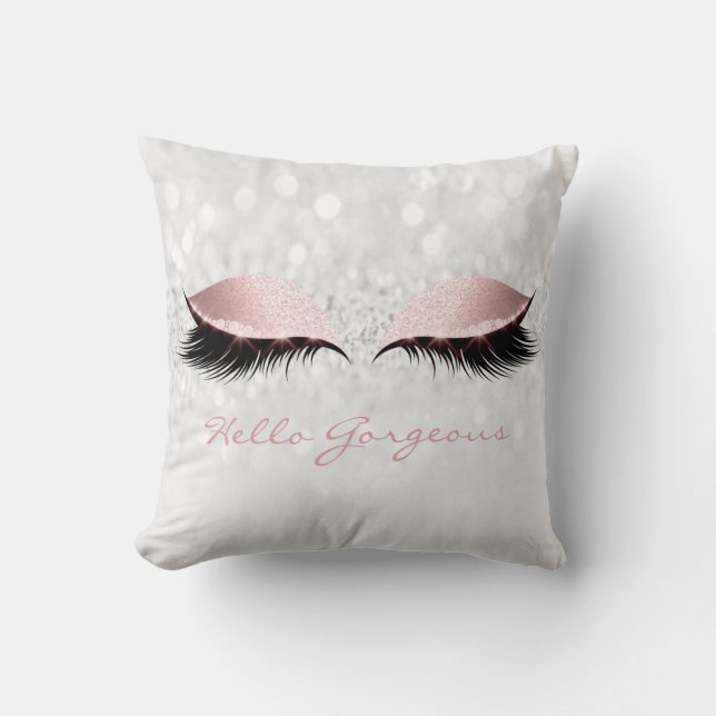 Rose Grey Girly Makeup Lashes Hello Gorgeous Throw Pillow (Front)