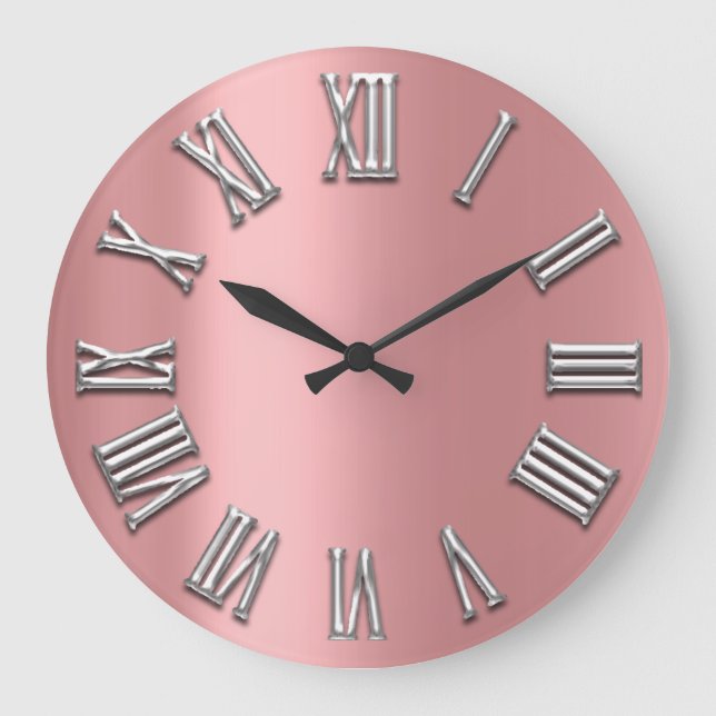 Rose Grey Grey Metal Grey Silver Roman Number Large Clock (Front)