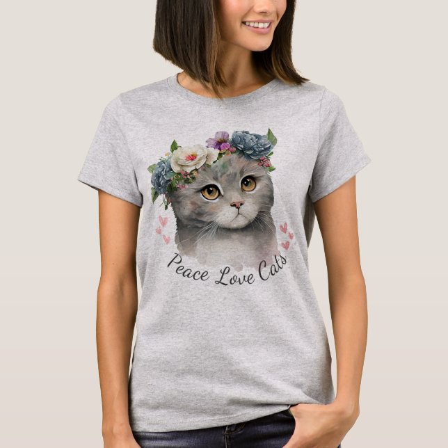 Rose gris couleur paix amour Chat T-shirt pour fem (Devant)