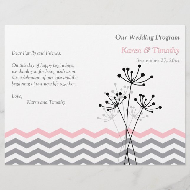 Rose, Gris Floral, Programme de mariage Chevron (Devant)