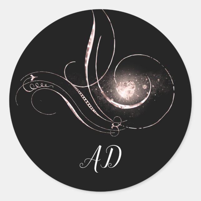  Rose Heart Gift Certificate Black White Monogram Classic Round Sticker (Front)
