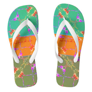 Rose Heart Teal, Apricot, and Moss Flip Flops