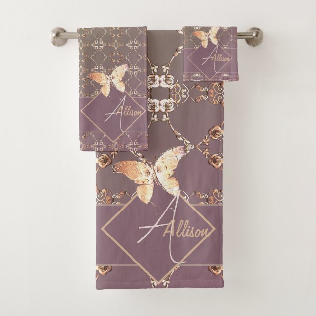 Rose Hearts on Plum Moss Towel (Insitu)