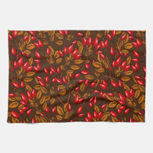 Rose hips, brown and red kitchen towel