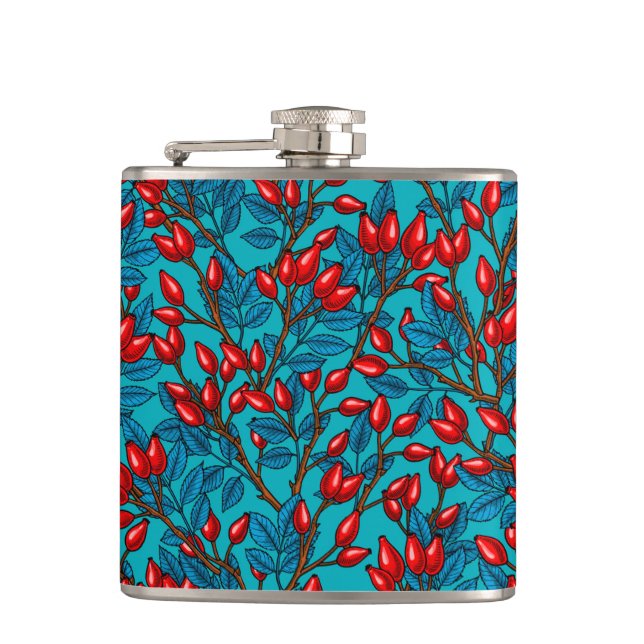 Rose hips, red and blue hip flask (Front)