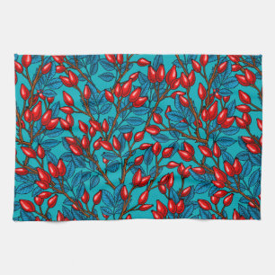 Rose hips, red and blue kitchen towel