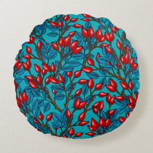 Rose hips, red and blue round pillow