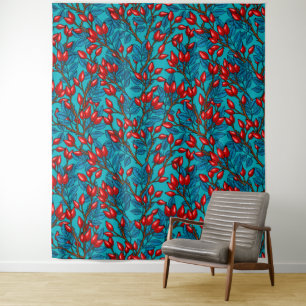 Rose hips, red and blue tapestry