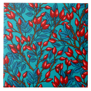 Rose hips, red and blue tile