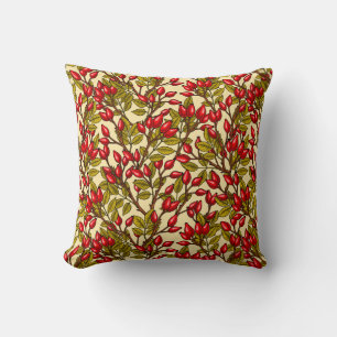 Rose hips, red, green, yellow throw pillow