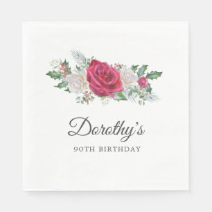 Rose Holly Winter Botanical 90th Birthday Napkin