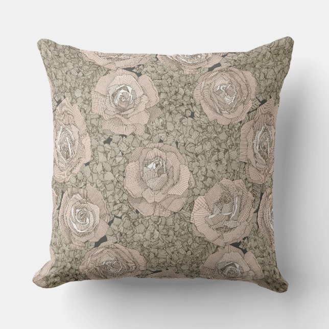 rose hydrangea floral pale peach tea dark throw pillow (Front)