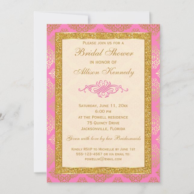 Rose, invitation de Fête de la mariée de damassé (Devant)