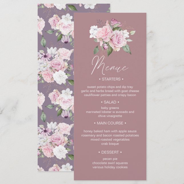 Rose Jardin fleuri Mariage Dîner Menue Invitation (Devant / Derrière)
