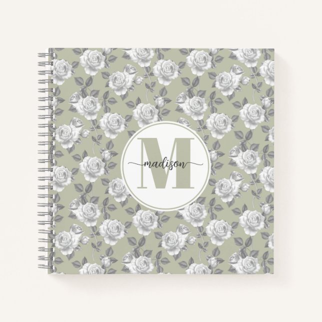Rose Jardin Monogramme Sage Carnet vert (Devant)