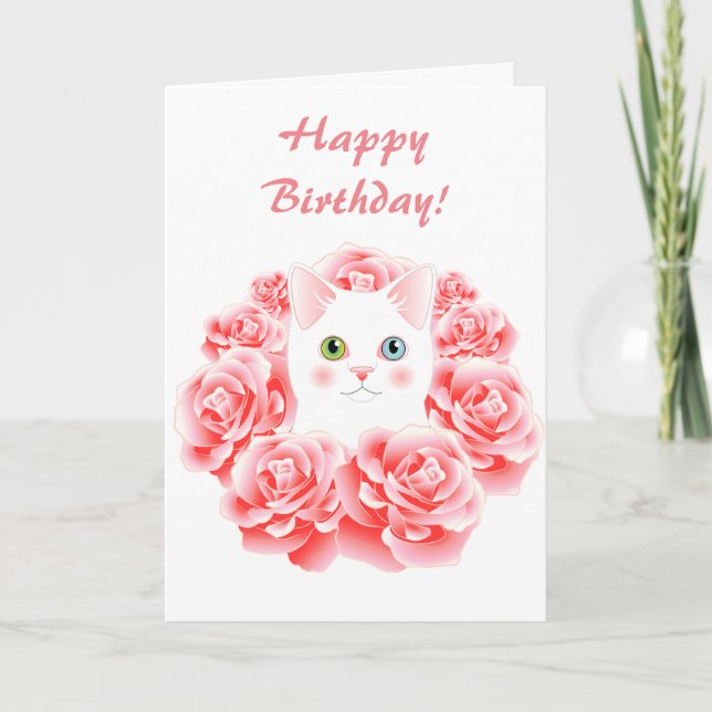 Rose Kitty Cat Cute Birthday Card (Front)